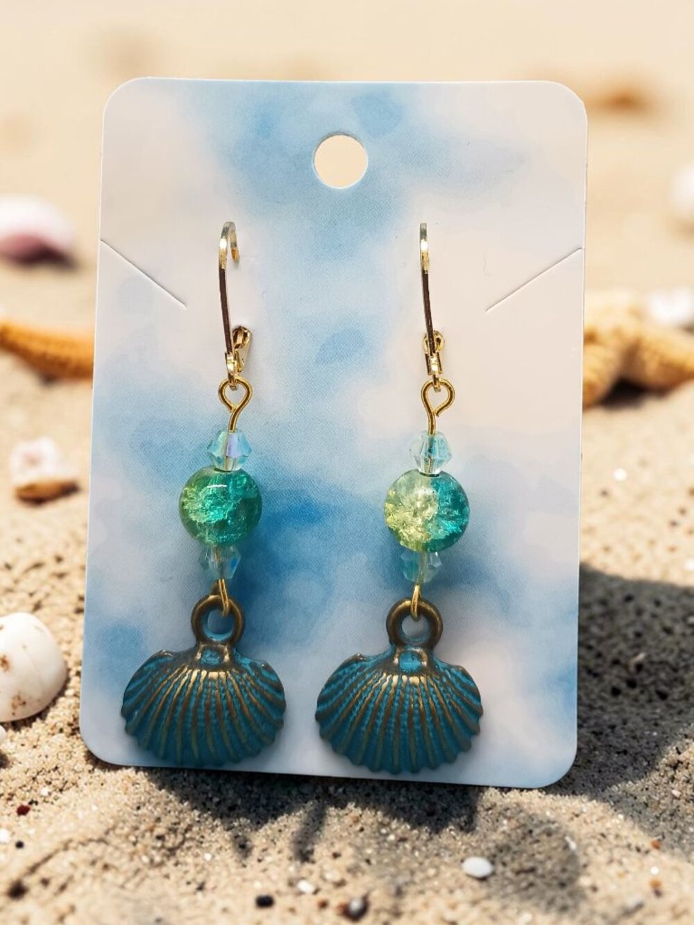 Bronzed Scallop Shell Earrings with Crackle Glass Beads